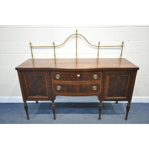 1200 - AN EARLY TO MID 20TH CENTURY MAHOGANY AND INLAID SIDEBOARD, with a brass raised back, panelled cupbo... 