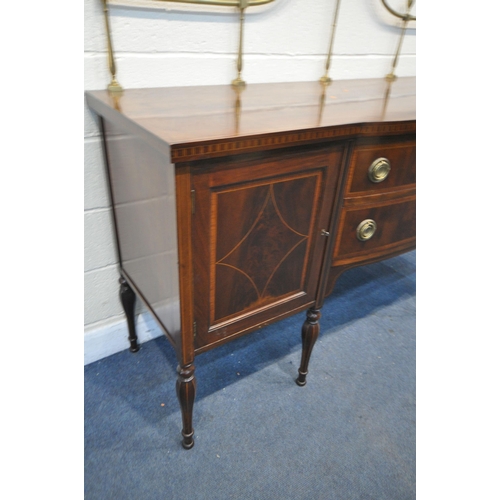 1200 - AN EARLY TO MID 20TH CENTURY MAHOGANY AND INLAID SIDEBOARD, with a brass raised back, panelled cupbo... 