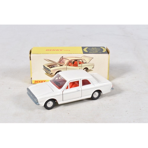 19 - A BOXED DINKY TOYS FORD CORTINA DE LUXE, No.159, white body with red interior, with a boxed Matchbox... 