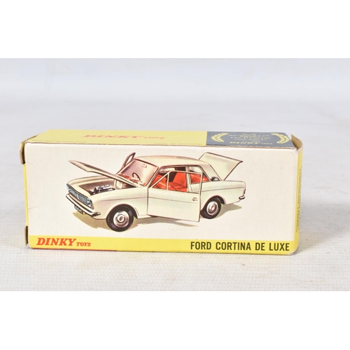 19 - A BOXED DINKY TOYS FORD CORTINA DE LUXE, No.159, white body with red interior, with a boxed Matchbox... 