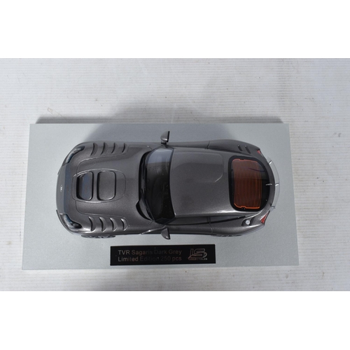 38 - A BOXED LIMITED EDITION LS COLLECTIBLES TVR SAGARIS 2005 1:18 MODEL VEHICLE, in dark grey, numbered ... 