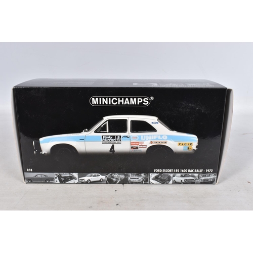 47 - A BOXED MINICHAMPS FORD ESCORT I RS 1600 RAC RALLY 1972 1:18 MODEL VEHICLE, numbered 100 728104, mod... 