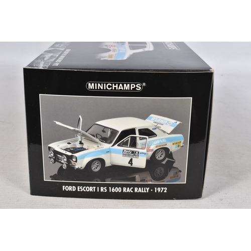 47 - A BOXED MINICHAMPS FORD ESCORT I RS 1600 RAC RALLY 1972 1:18 MODEL VEHICLE, numbered 100 728104, mod... 