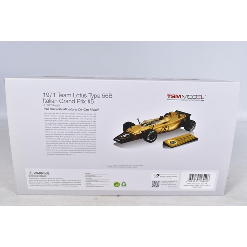 53 - A BOXED TSM MODEL 1971 TEAM LOTUS TYPE 56B ITALIAN GRAND PRIX #5 E.FITTIPALDI 1:18 MODEL VEHICLE, nu... 