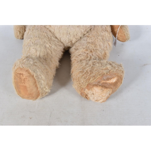 109 - A LARGE WHITE NYLON PLUSH TEDDY BEAR, vertically stitched nose, amber and black plastic eyes, jointe... 