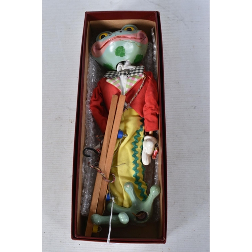 110 - SIX BOXED PELHAM PUPPETS, SM Schoolmaster, SL Frog (x 2), SL Green Faced Witch and two LS Skeleton, ... 