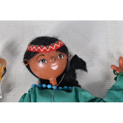 82 - FIVE BOXED PELHAM SS AND JUNIOR NATIVE AMERICAN (RED INDIAN) GIRL AND BOY PUPPETS, four girls and on... 