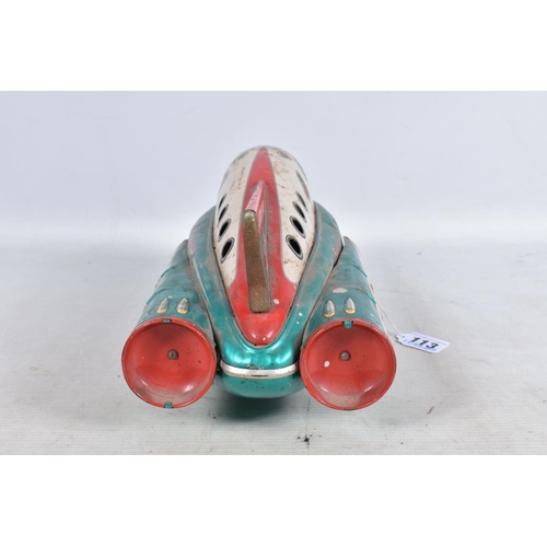 113 - AN UNBOXED MODERN TOYS (MASUDAYA) TINPLATE BATTERY OPERATED SUPER SONIC MOON SHIP, not tested, play ... 