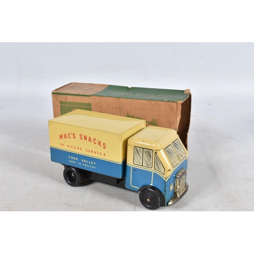 114 - A BOXED CHAD VALLEY TINPLATE CLOCKWORK BUFFET CAR, No.10134, blue and cream lithographed livery with... 