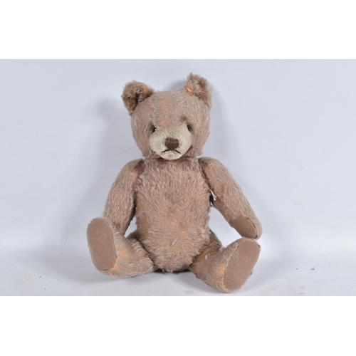 115 - A WELL LOVED GOLDEN PLUSH TEDDY BEAR, original amber and black plastic eyes, remains of vertical sti... 