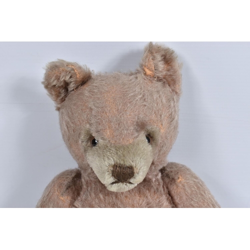 115 - A WELL LOVED GOLDEN PLUSH TEDDY BEAR, original amber and black plastic eyes, remains of vertical sti... 