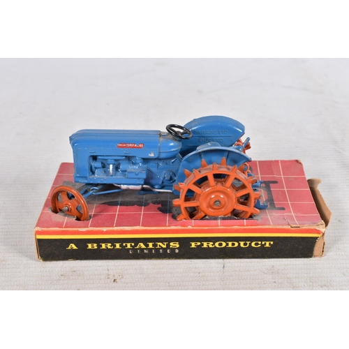 122 - A PART BOXED BRITAINS FORDSON SUPER MAJOR TRACTOR, blue painted with red spiked wheels, box base onl... 