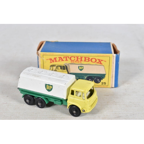 123 - FOUR BOXED LESNEY MATCHBOX DIE-CAST VEHICLES, to include a B.P. Tanker, number 25, white tank, yello... 