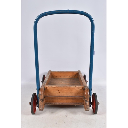 127 - A TRI-ANG BABY WALKER, wooden construction with red painted wheels and black tyres, blue handle with... 