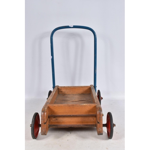 127 - A TRI-ANG BABY WALKER, wooden construction with red painted wheels and black tyres, blue handle with... 