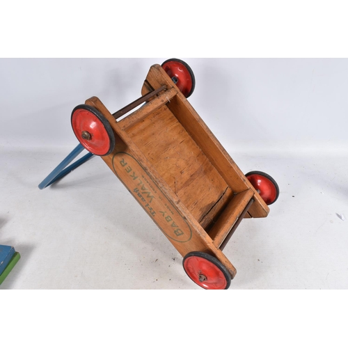 127 - A TRI-ANG BABY WALKER, wooden construction with red painted wheels and black tyres, blue handle with... 