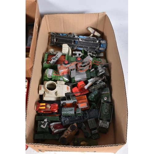 129 - THREE BOXES OF BOXED AND UNBOXED DIECAST VEHICLES, to include Lledo, Mobil, Shell, Matchbox and anti... 