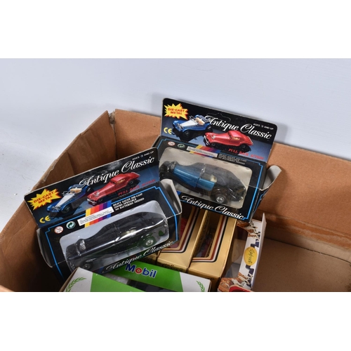 129 - THREE BOXES OF BOXED AND UNBOXED DIECAST VEHICLES, to include Lledo, Mobil, Shell, Matchbox and anti... 