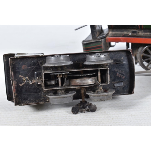 157 - A KARL BUB TINPLATE CLOCKWORK 0-4-0 LOCOMOTIVE AND TENDER, green and  black livery with red lining, ... 