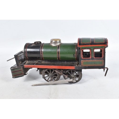 157 - A KARL BUB TINPLATE CLOCKWORK 0-4-0 LOCOMOTIVE AND TENDER, green and  black livery with red lining, ... 