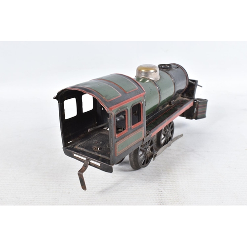 157 - A KARL BUB TINPLATE CLOCKWORK 0-4-0 LOCOMOTIVE AND TENDER, green and  black livery with red lining, ... 