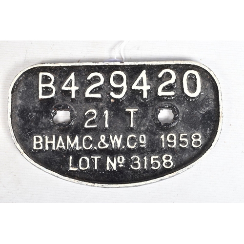 190 - THREE B.R. D TYPE CAST IRON WAGON PLATES,  all have been repainted, B429420, B432948 and B558213