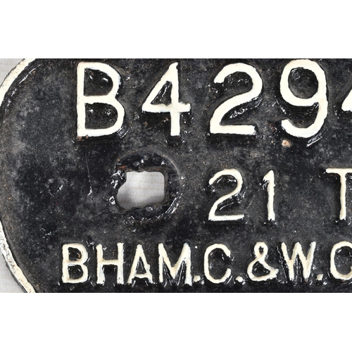 190 - THREE B.R. D TYPE CAST IRON WAGON PLATES,  all have been repainted, B429420, B432948 and B558213