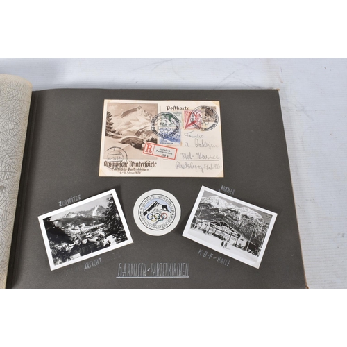 211 - TWO 1936 BERLIN OLYMPIC ALBUMS OF PHOTOGRAPHS, ticket stubs, stamped postcards, the first album cont... 