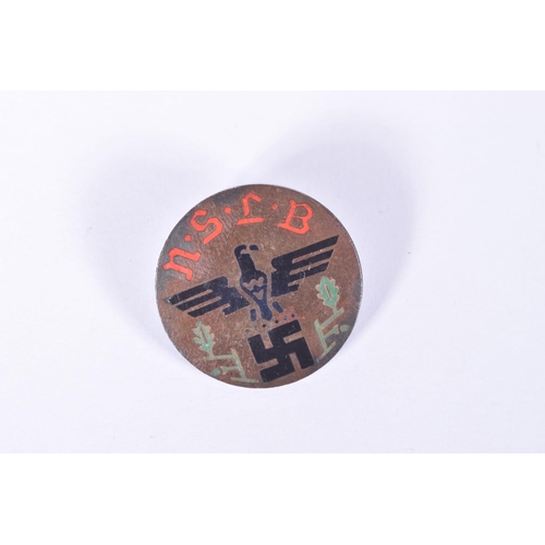 217 - TWO GERMAN N.S.L.B pin badges, each one has a black eagle perched on a Swastika in Black and N.S.L.B... 