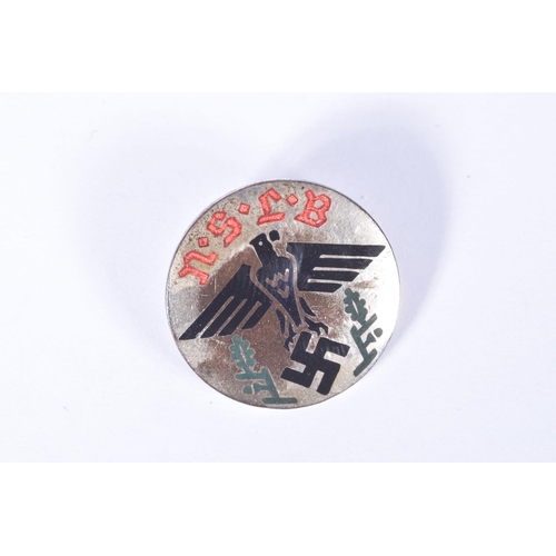 217 - TWO GERMAN N.S.L.B pin badges, each one has a black eagle perched on a Swastika in Black and N.S.L.B... 