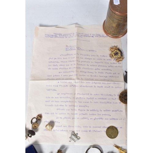 221 - A SELECTION OF BRITISH AND FRENCH MILITARY RELATED ITEMS, to include, three WWII medals, safe drivin... 