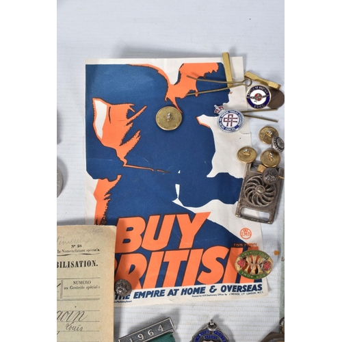 221 - A SELECTION OF BRITISH AND FRENCH MILITARY RELATED ITEMS, to include, three WWII medals, safe drivin... 