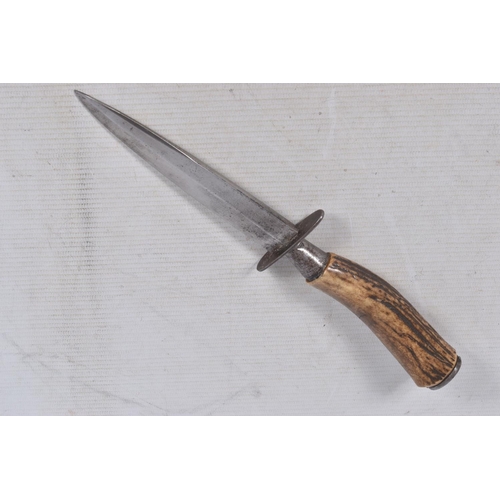 236 - TWO GERMAN BONE/HORN HANDLED DAGGERS, the first is unmarked on the blade and comes in a leather scab... 