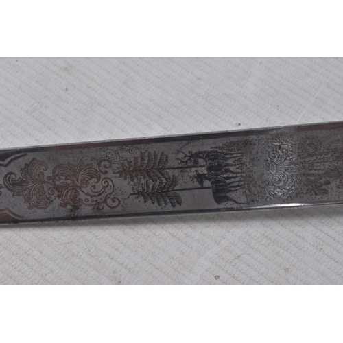 239 - A 20TH CENTURY GERMAN HUNTERS DAGGER, this features hunting scenes on both sides of the blade and a ... 