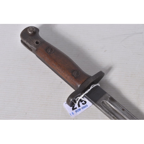 275 - A 1907 PATTERN BAYONET, this is in good condition and only has the usual wear to the blade and scabb... 