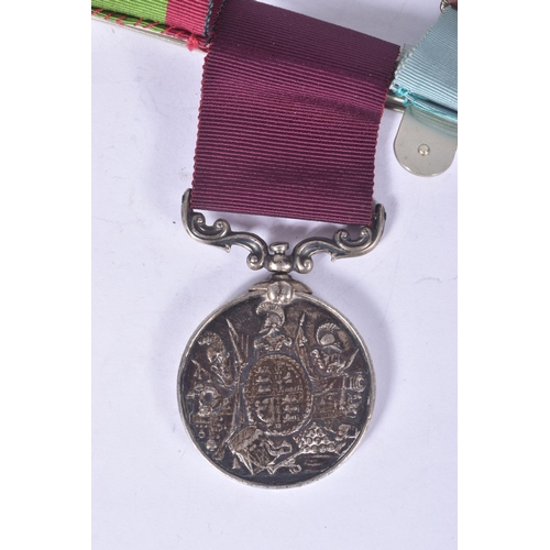 287 - A VICTORIAN GROUP OF FOUR MEDALS AND A STOPWATCH, to include a IGSM with Perak Clasp, second Afghan ... 