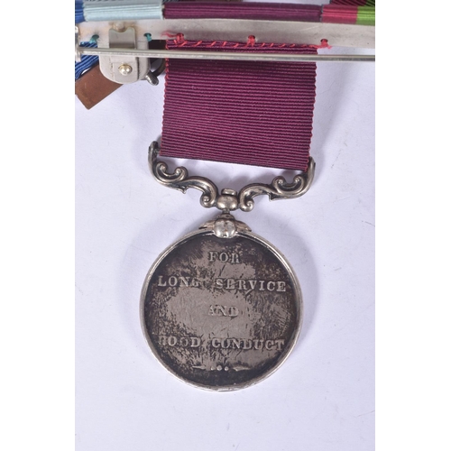 287 - A VICTORIAN GROUP OF FOUR MEDALS AND A STOPWATCH, to include a IGSM with Perak Clasp, second Afghan ... 