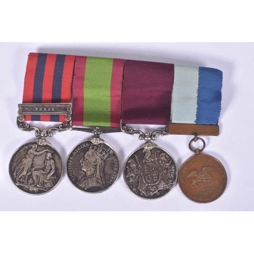 287 - A VICTORIAN GROUP OF FOUR MEDALS AND A STOPWATCH, to include a IGSM with Perak Clasp, second Afghan ... 