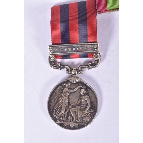 287 - A VICTORIAN GROUP OF FOUR MEDALS AND A STOPWATCH, to include a IGSM with Perak Clasp, second Afghan ... 