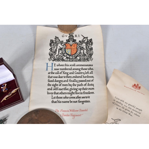 288 - A WWI MEMORIAL DEATH PLAQUE AND SCROLL PLUS BADGES, to include a memorial plaque named to Francis Wi... 