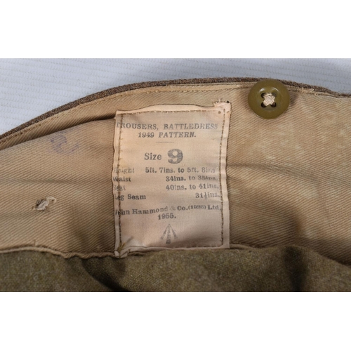 308 - A 1949 PATTERN ARMY BATTLE DRESS BLOUSE AND TROUSERS, the blouse is dated 1955 and is a size 9 so fi... 