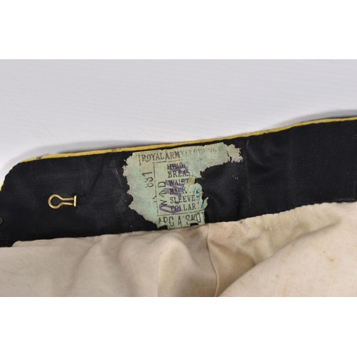 309 - A PRE WWI STYLE MILITARY JACKET, the jacket is dark blue and yellow with gold colour brading around ... 