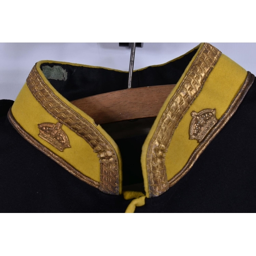 309 - A PRE WWI STYLE MILITARY JACKET, the jacket is dark blue and yellow with gold colour brading around ... 