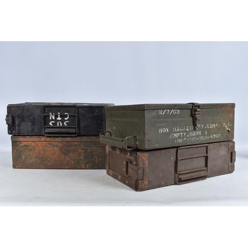 312 - FOUR VARIOUS AMMUNITION BOXES, this lot includes a metal box for Bren gun magazines, a wooden case w... 