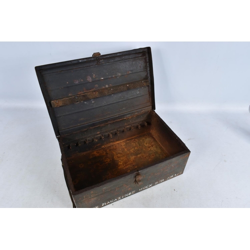 312 - FOUR VARIOUS AMMUNITION BOXES, this lot includes a metal box for Bren gun magazines, a wooden case w... 