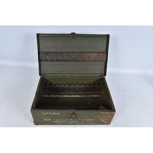 312 - FOUR VARIOUS AMMUNITION BOXES, this lot includes a metal box for Bren gun magazines, a wooden case w... 