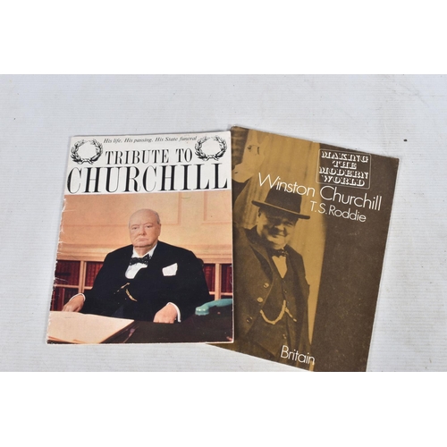 320 - A BOX OF CERAMICS, GLASS AND PEWTER COMMEMORATING SIR WINSTON CHURCHILL, including a Royal Doulton t... 