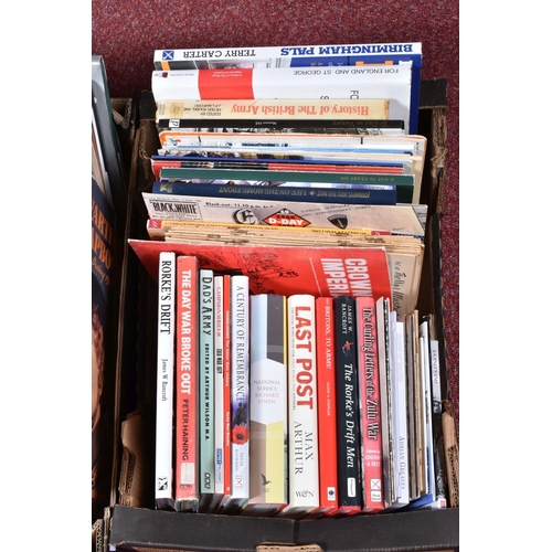 322 - TWO BOXES OF BOOKS, MAGAZINES AND PAMPHLETS OF BRITISH MILITARY INTEREST,  titles include volumes VI... 