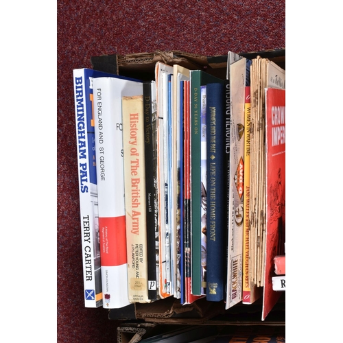 322 - TWO BOXES OF BOOKS, MAGAZINES AND PAMPHLETS OF BRITISH MILITARY INTEREST,  titles include volumes VI... 