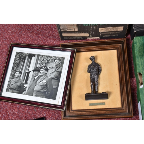 324 - THREE BOXES OF CERAMICS, GLASS, METALWARE, BOOKS AND PICTURES COMMEMORATING MONTGOMERY OF ALAMEIN, i... 